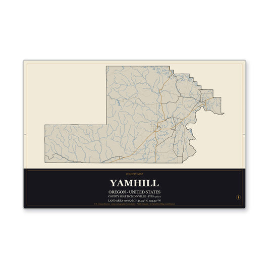 Yamhill County, Oregon Map Aluminum Sign in Museum Plaque style
