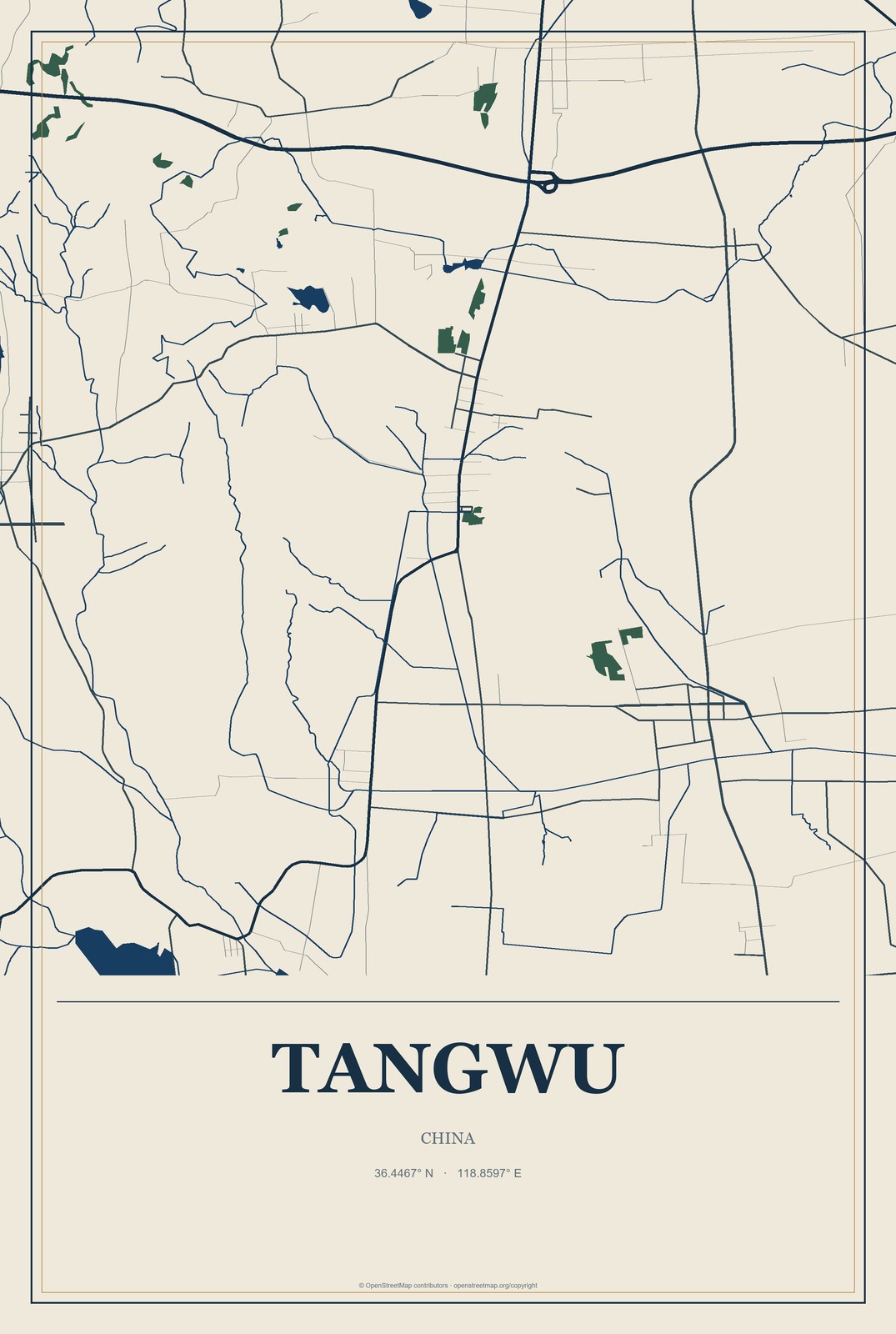 Tangwu, China City Map Aluminum Sign in Coastal Cutout style