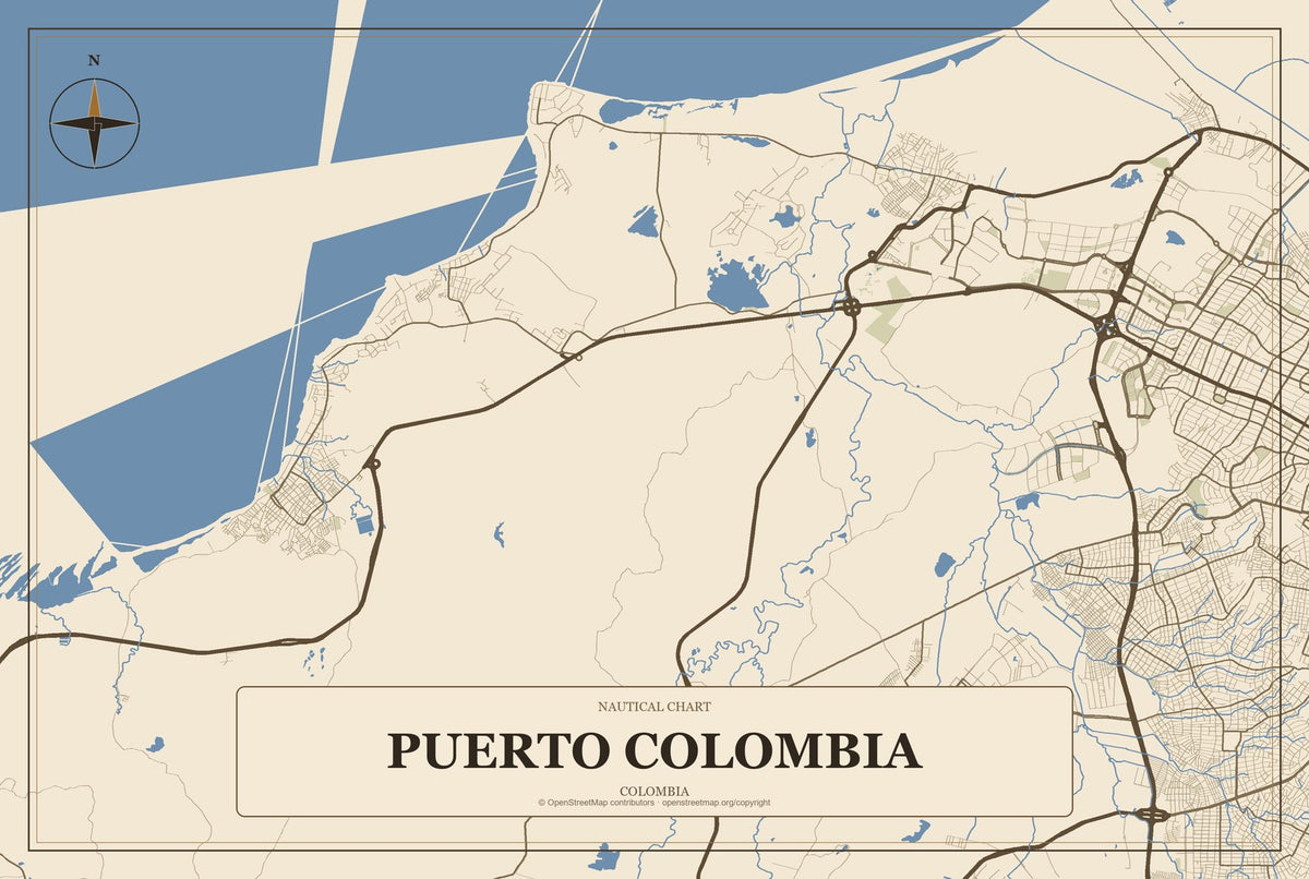 Puerto Colombia, Colombia City Map Aluminum Sign in Heritage Nautical style