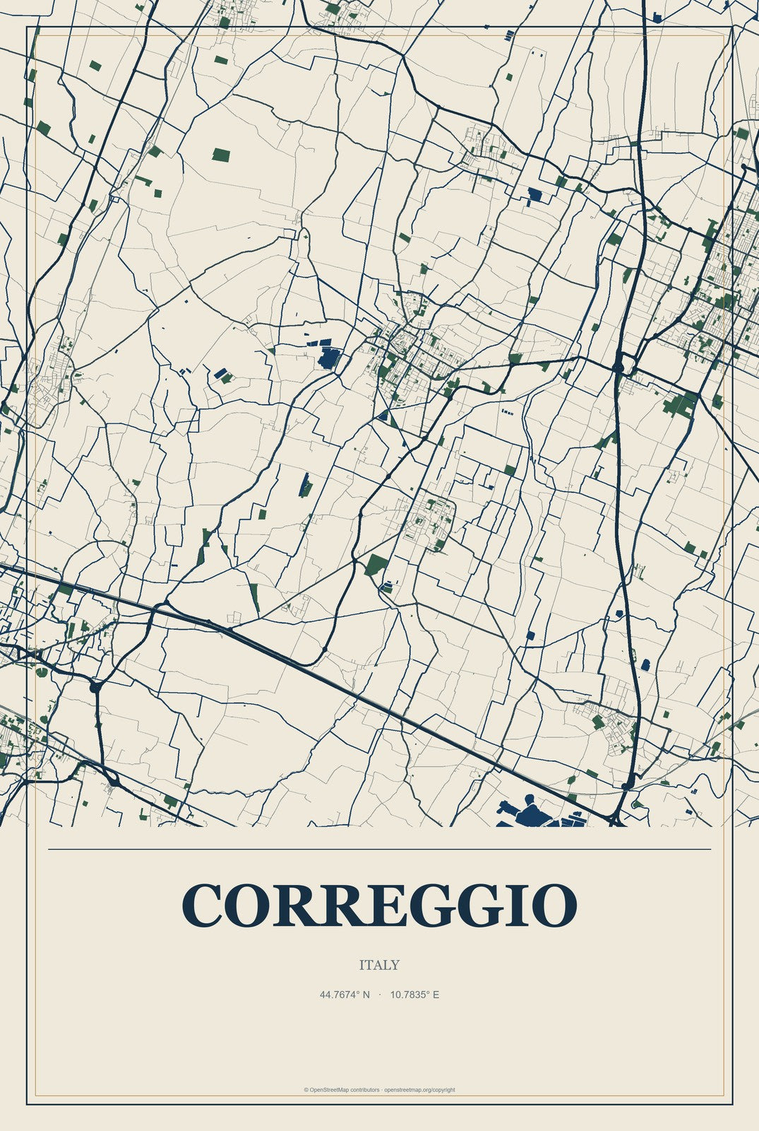 Correggio, Italy City Map Aluminum Sign in Coastal Cutout style