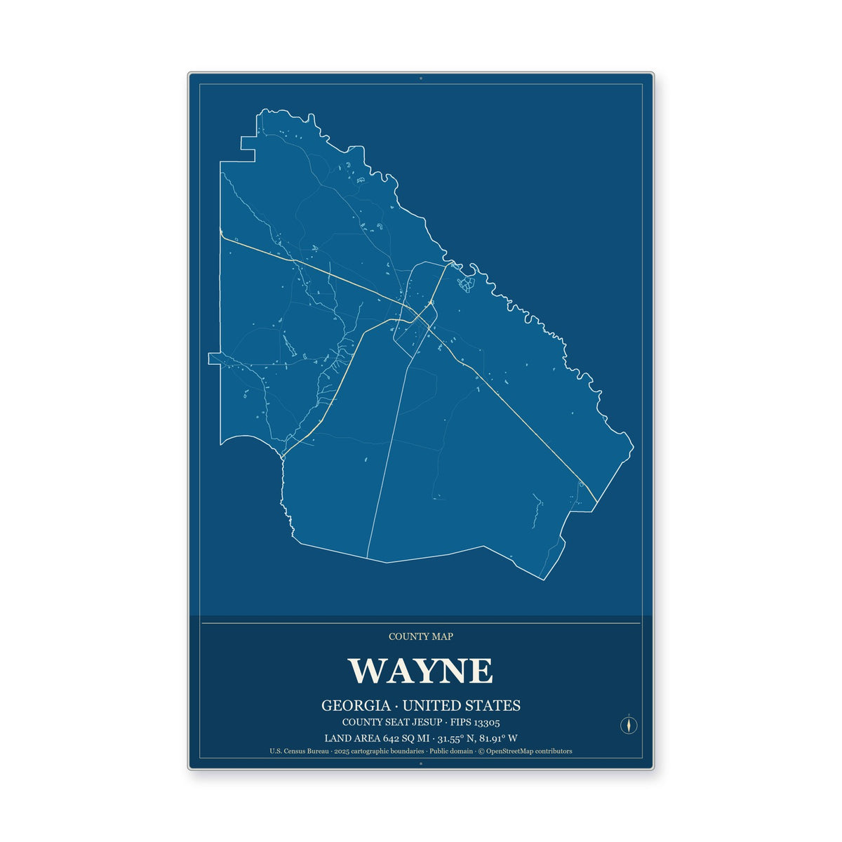Wayne County, Georgia Map Aluminum Sign in Harbor Cobalt style
