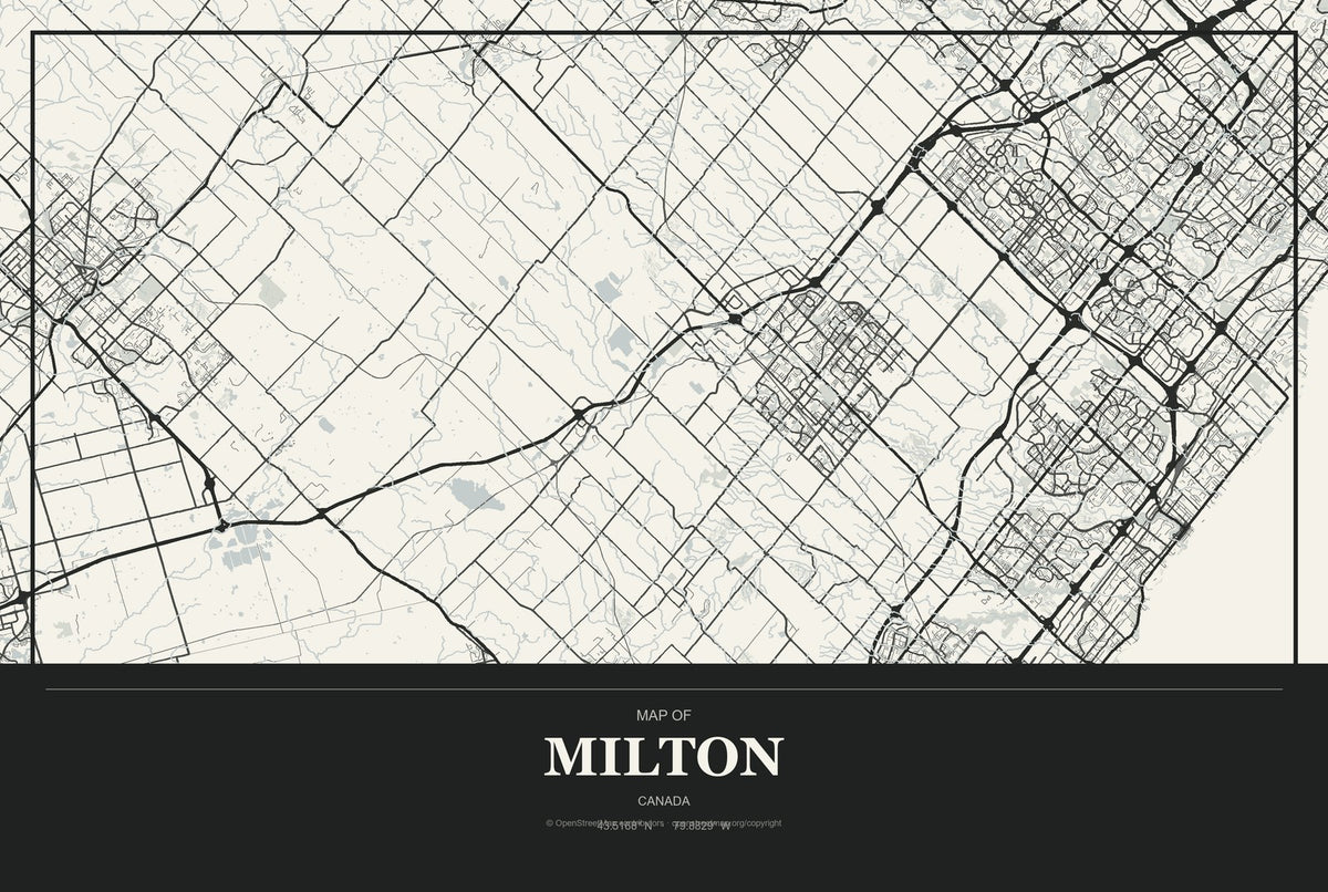 Milton, Canada City Map Aluminum Sign in Museum Plaque style