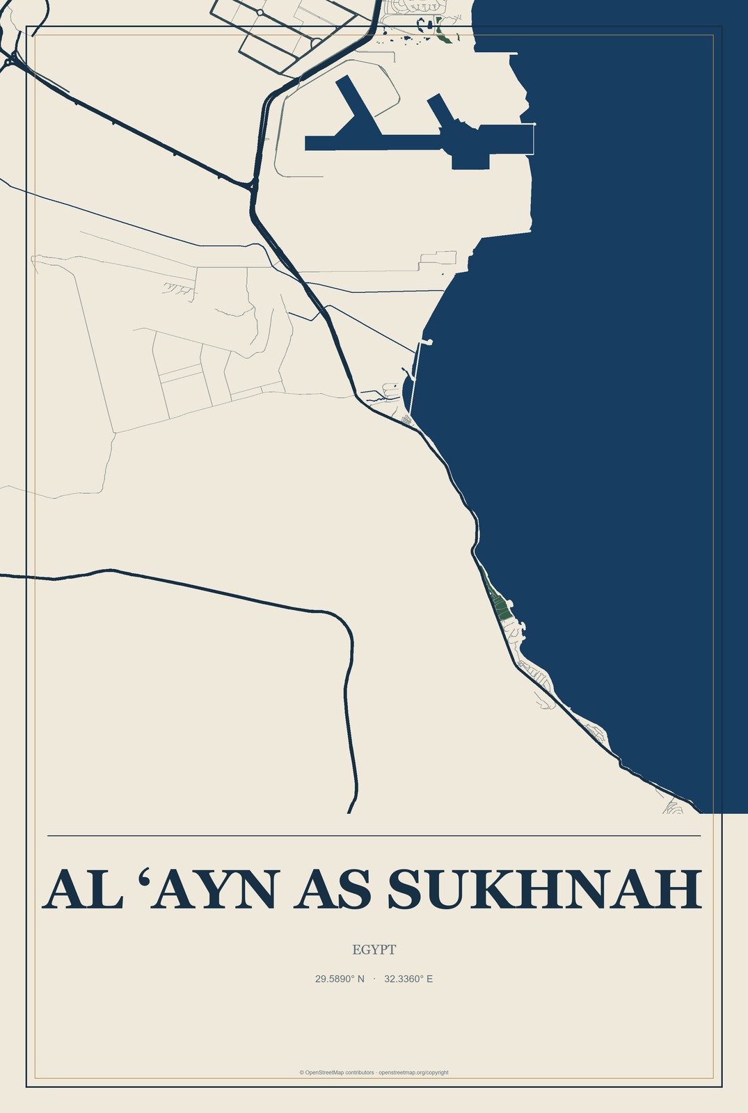 Al ‘Ayn as Sukhnah, Egypt City Map Aluminum Sign in Coastal Cutout style