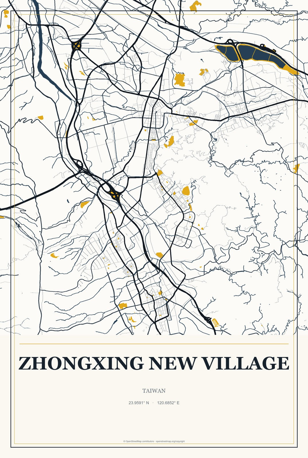 Zhongxing New Village, Taiwan City Map Aluminum Sign in Citrine Modern style