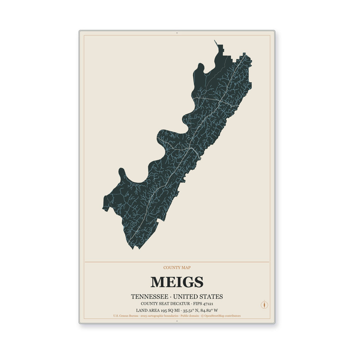 Meigs County, Tennessee Map Aluminum Sign in Headline Atlas style