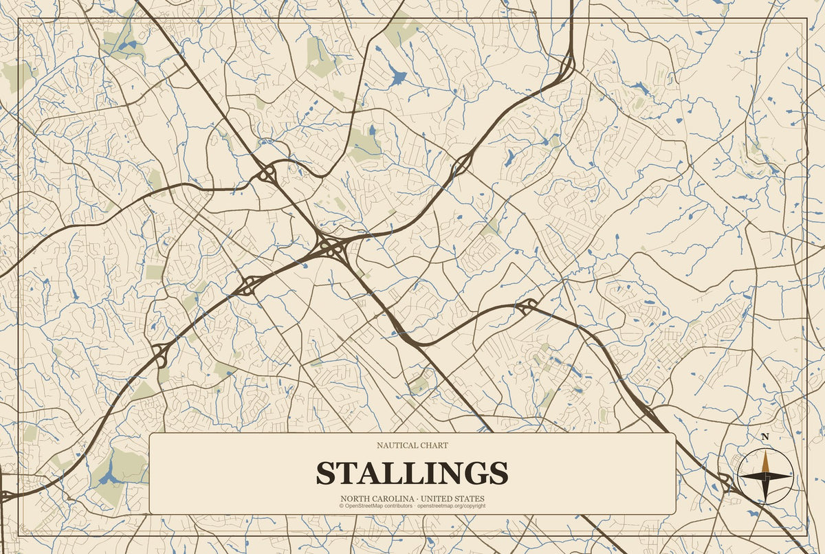 Stallings, North Carolina City Map Aluminum Sign in Heritage Nautical style