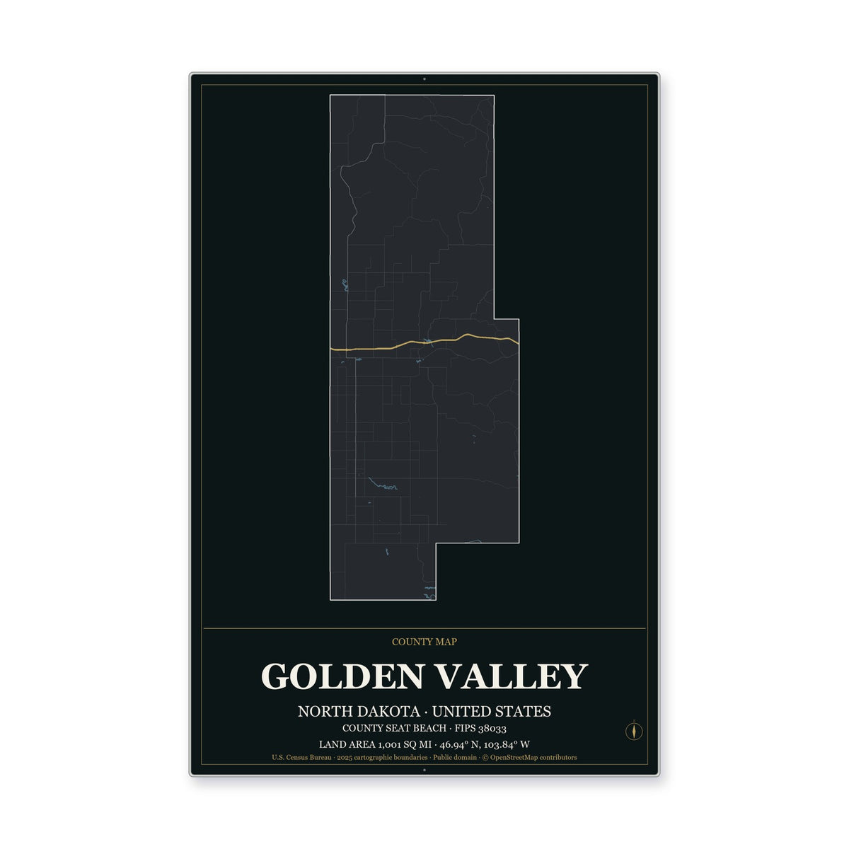 Golden Valley County, North Dakota Map Aluminum Sign in Metropolitan Noir style