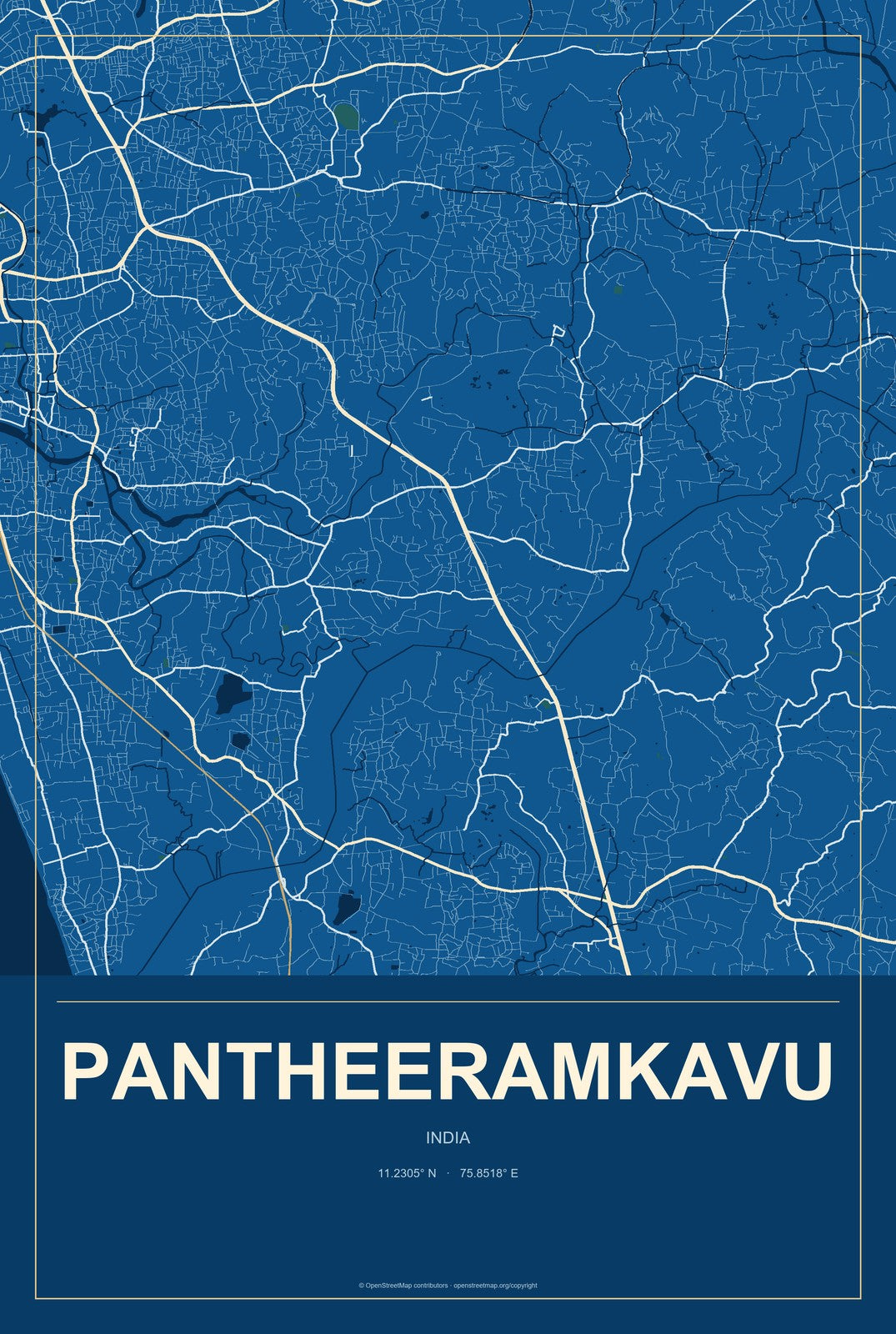 Pantheeramkavu, India City Map Aluminum Sign in Harbor Cobalt style