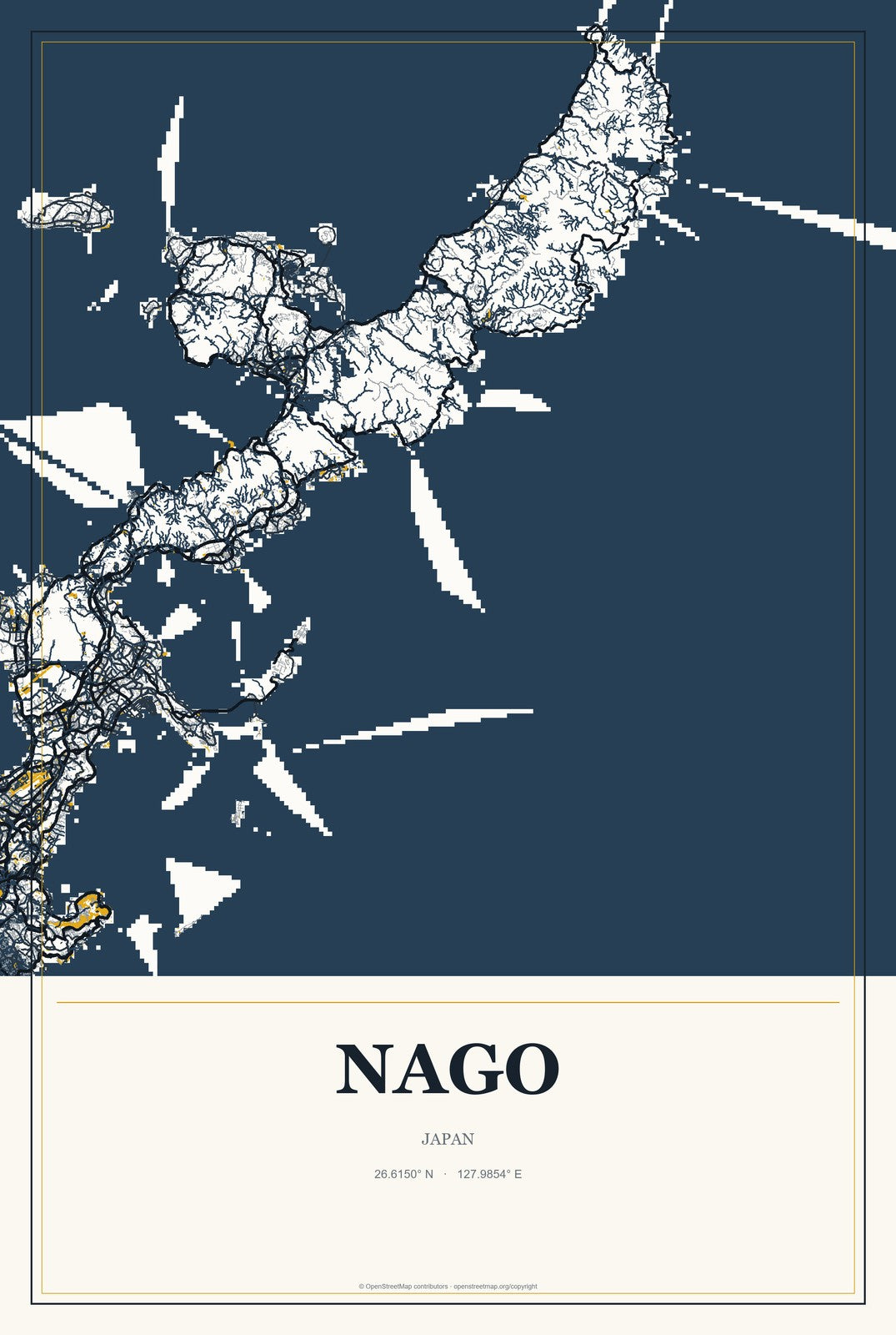 Nago, Japan City Map Aluminum Sign in Citrine Modern style
