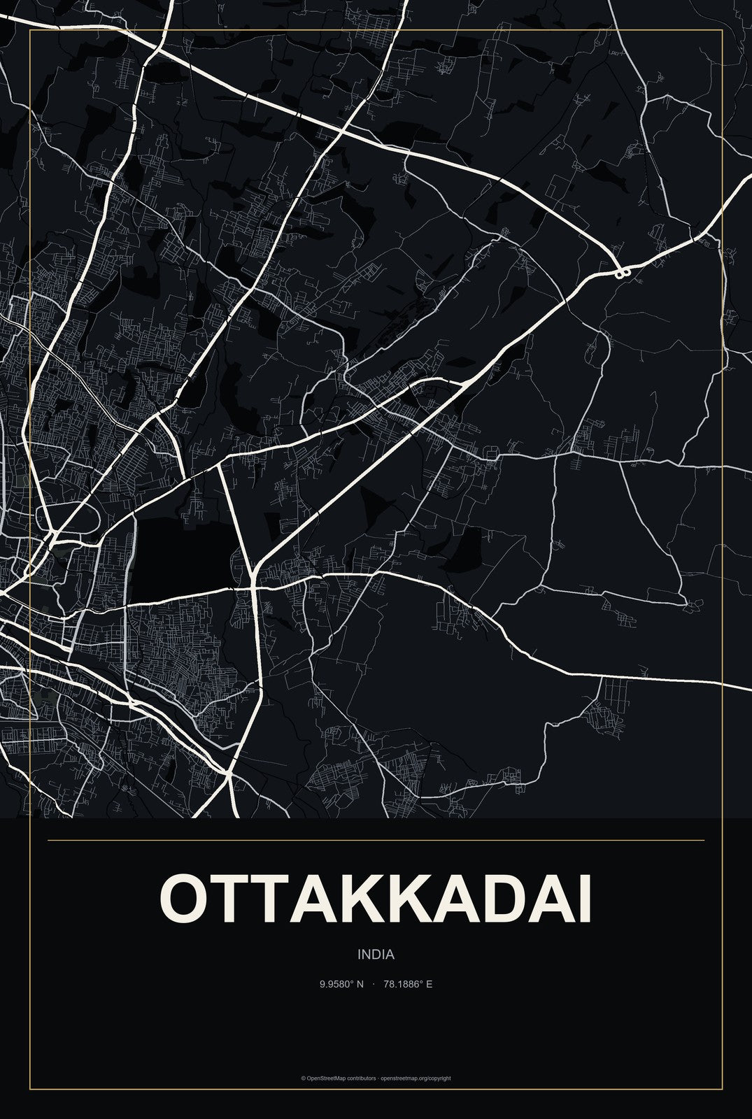 Ottakkadai, India City Map Aluminum Sign in Metropolitan Noir style
