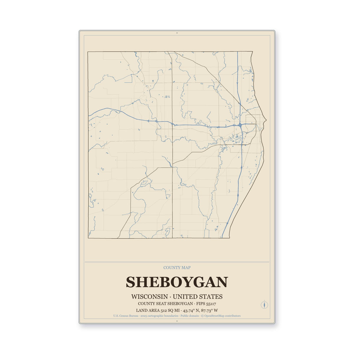 Sheboygan County, Wisconsin Map Aluminum Sign in Heritage Nautical style