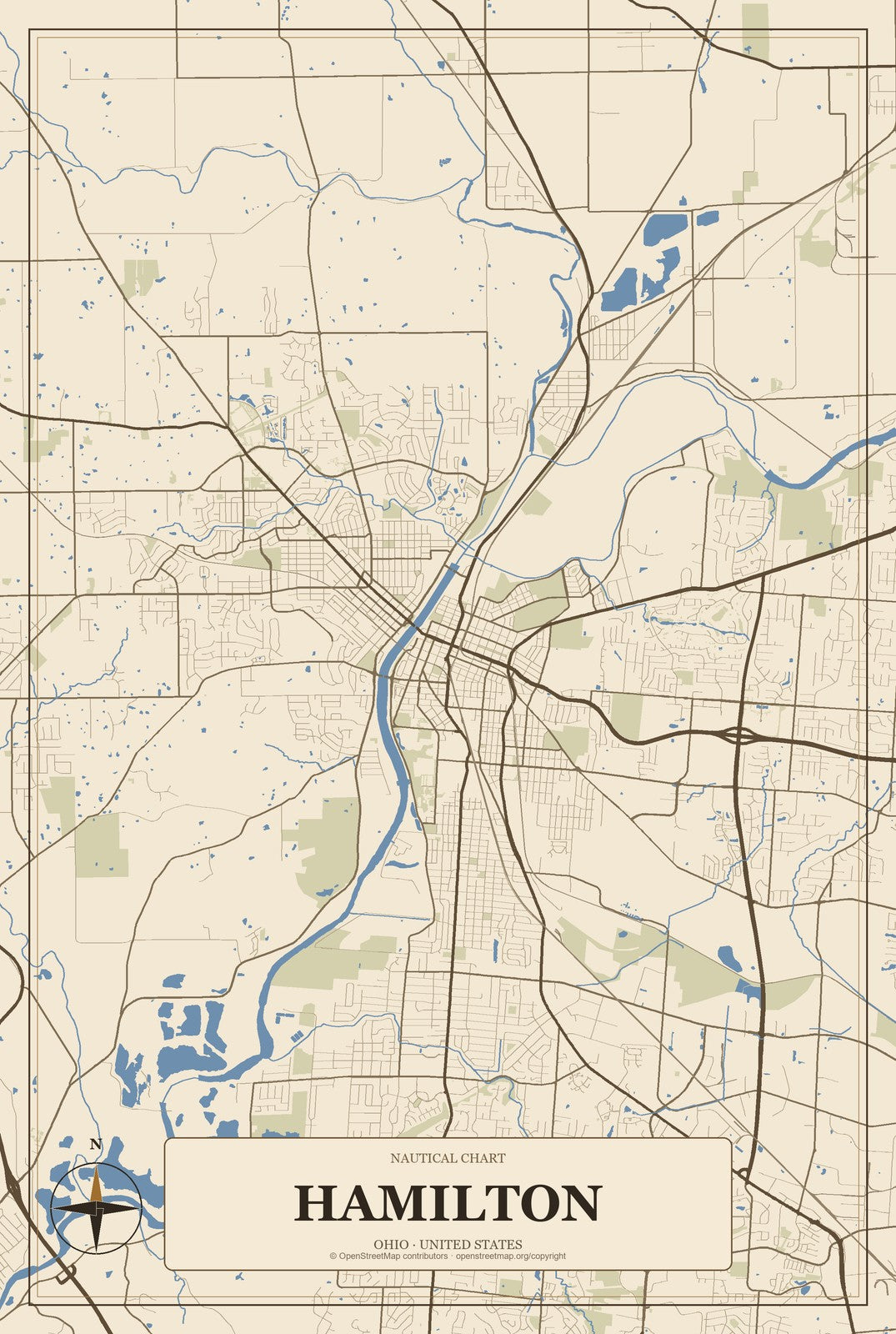 Hamilton, Ohio City Map Aluminum Sign in Heritage Nautical style