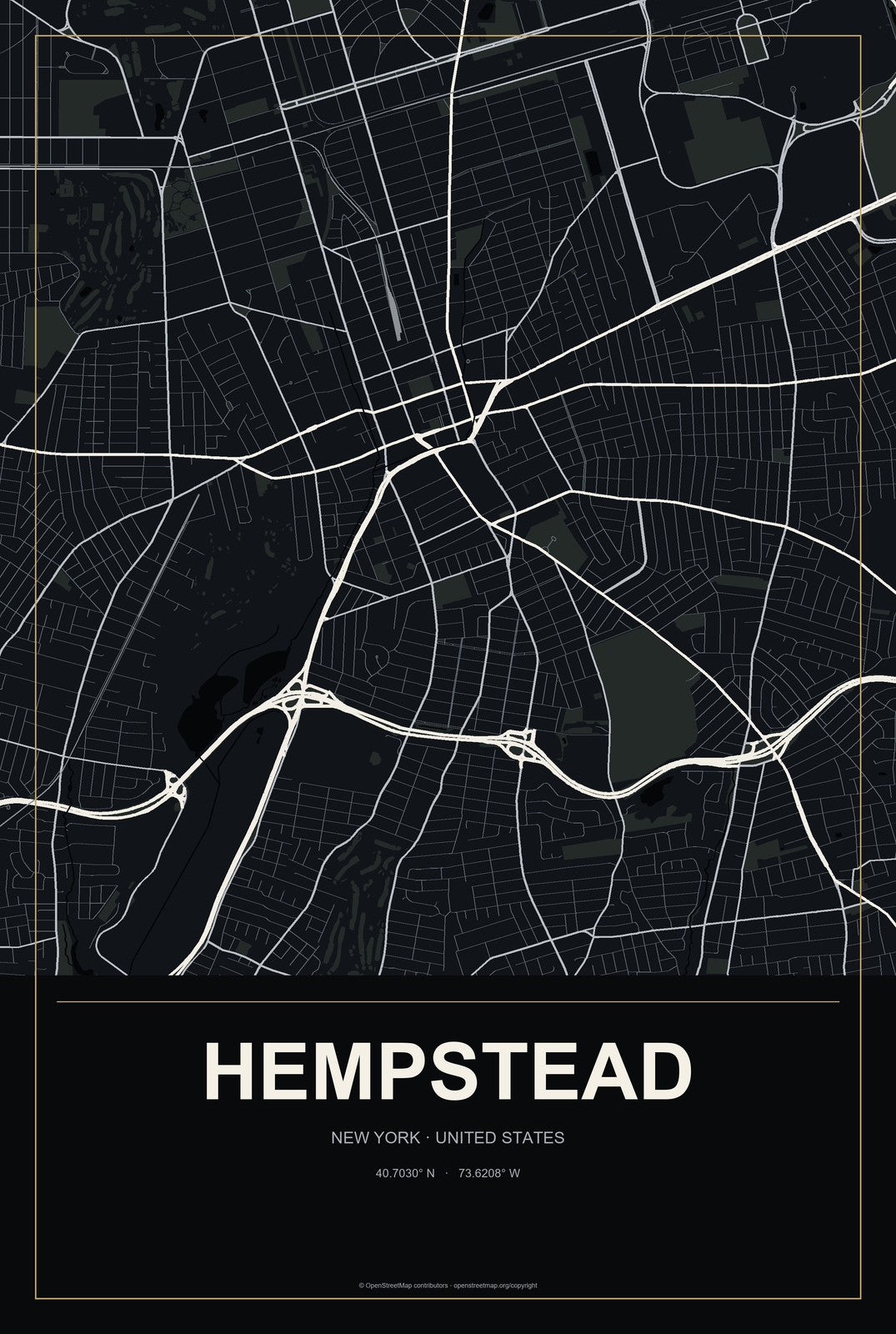 Hempstead, New York City Map Aluminum Sign in Metropolitan Noir style