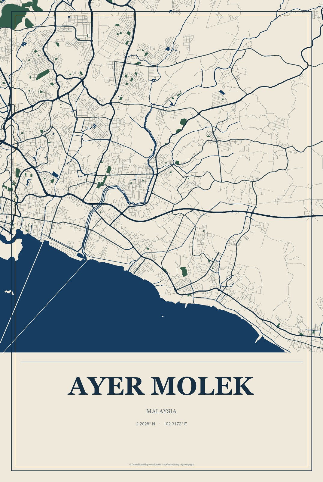 Ayer Molek, Malaysia City Map Aluminum Sign in Coastal Cutout style