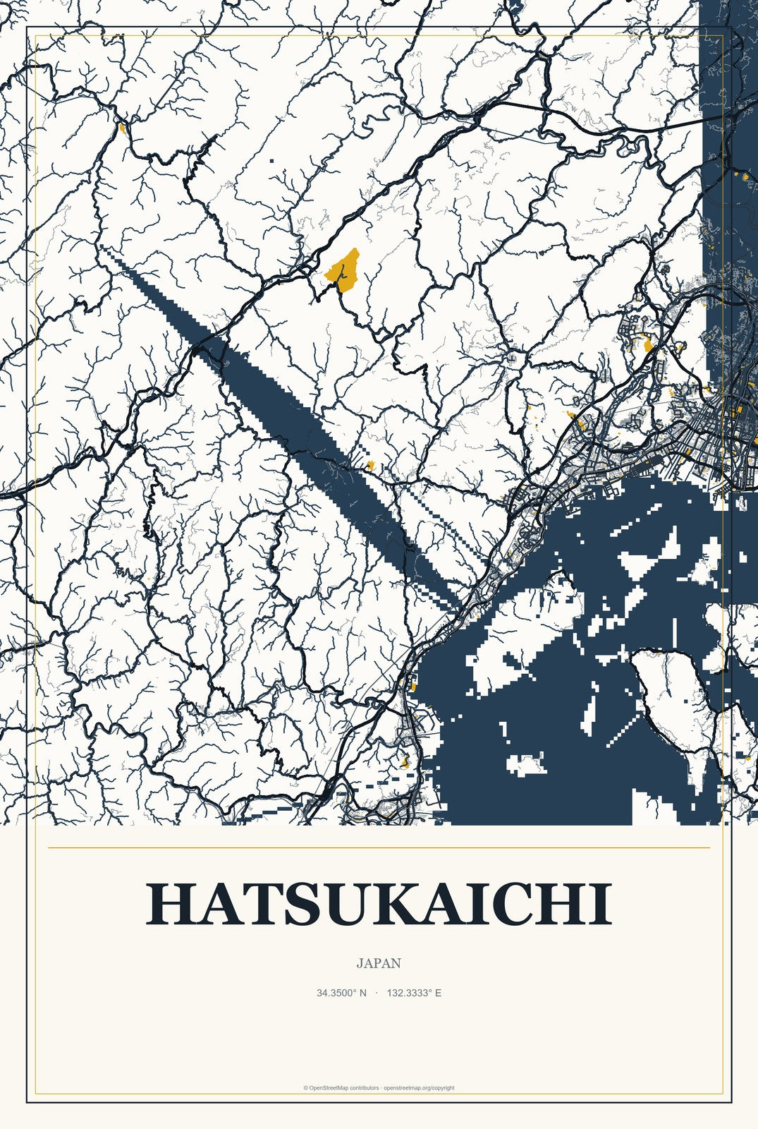 Hatsukaichi, Japan City Map Aluminum Sign in Citrine Modern style