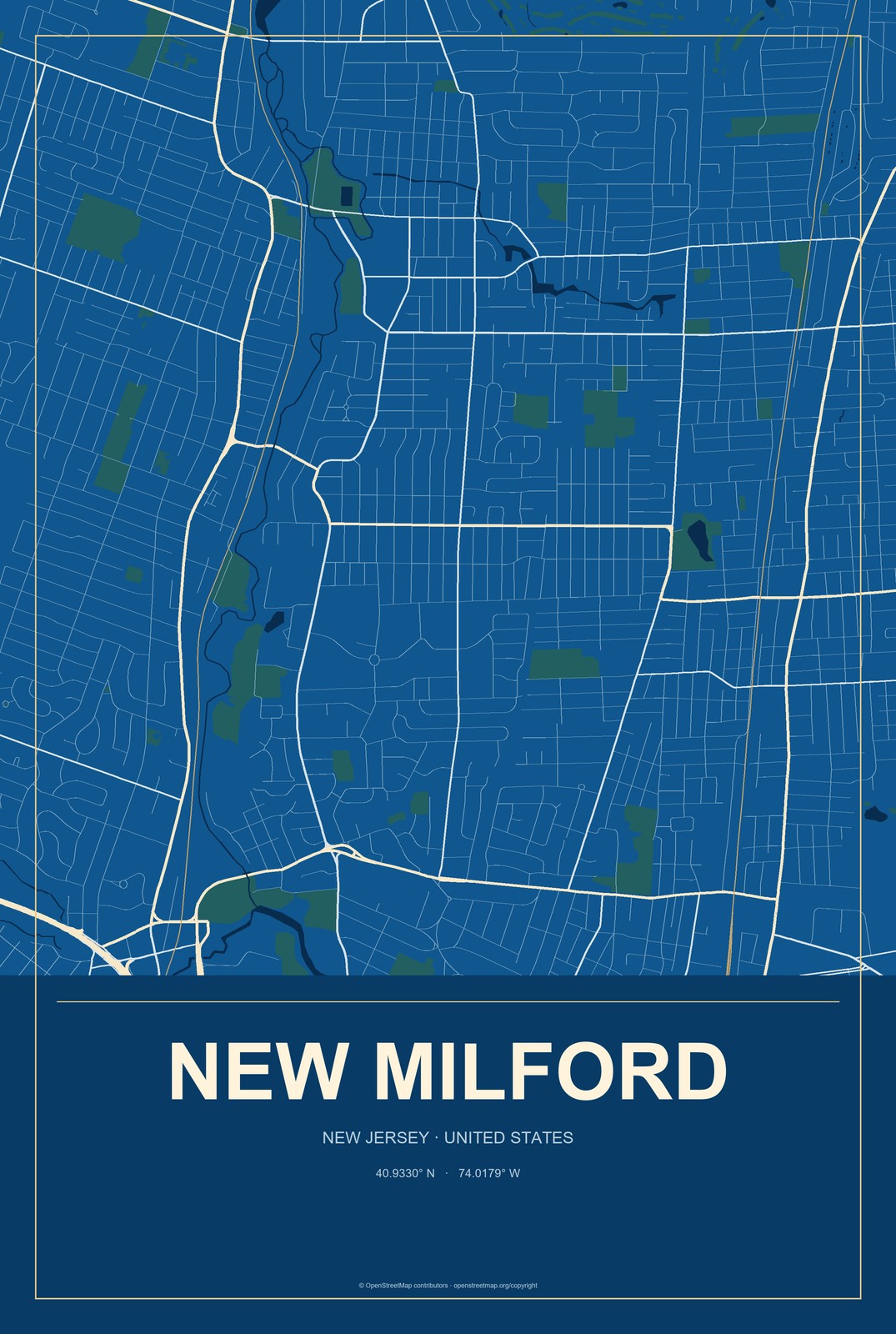 New Milford, New Jersey City Map Aluminum Sign in Harbor Cobalt style