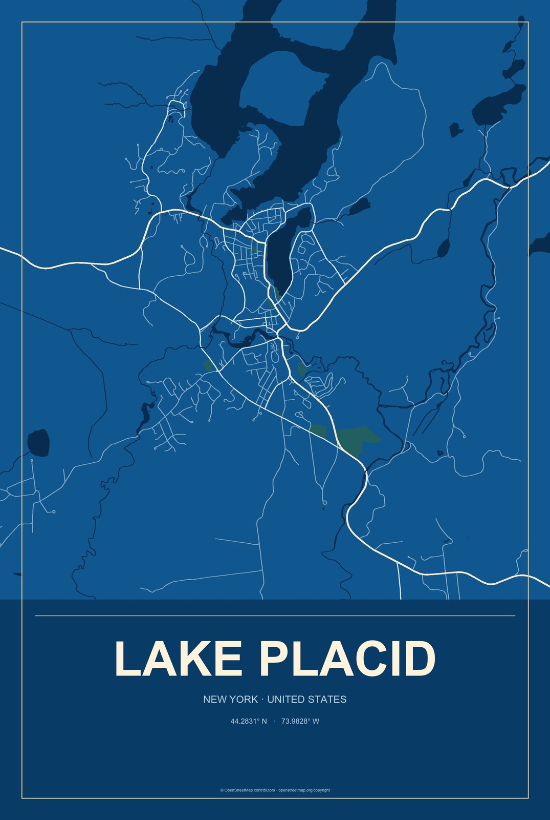 Lake Placid, New York City Map Aluminum Sign in Harbor Cobalt style