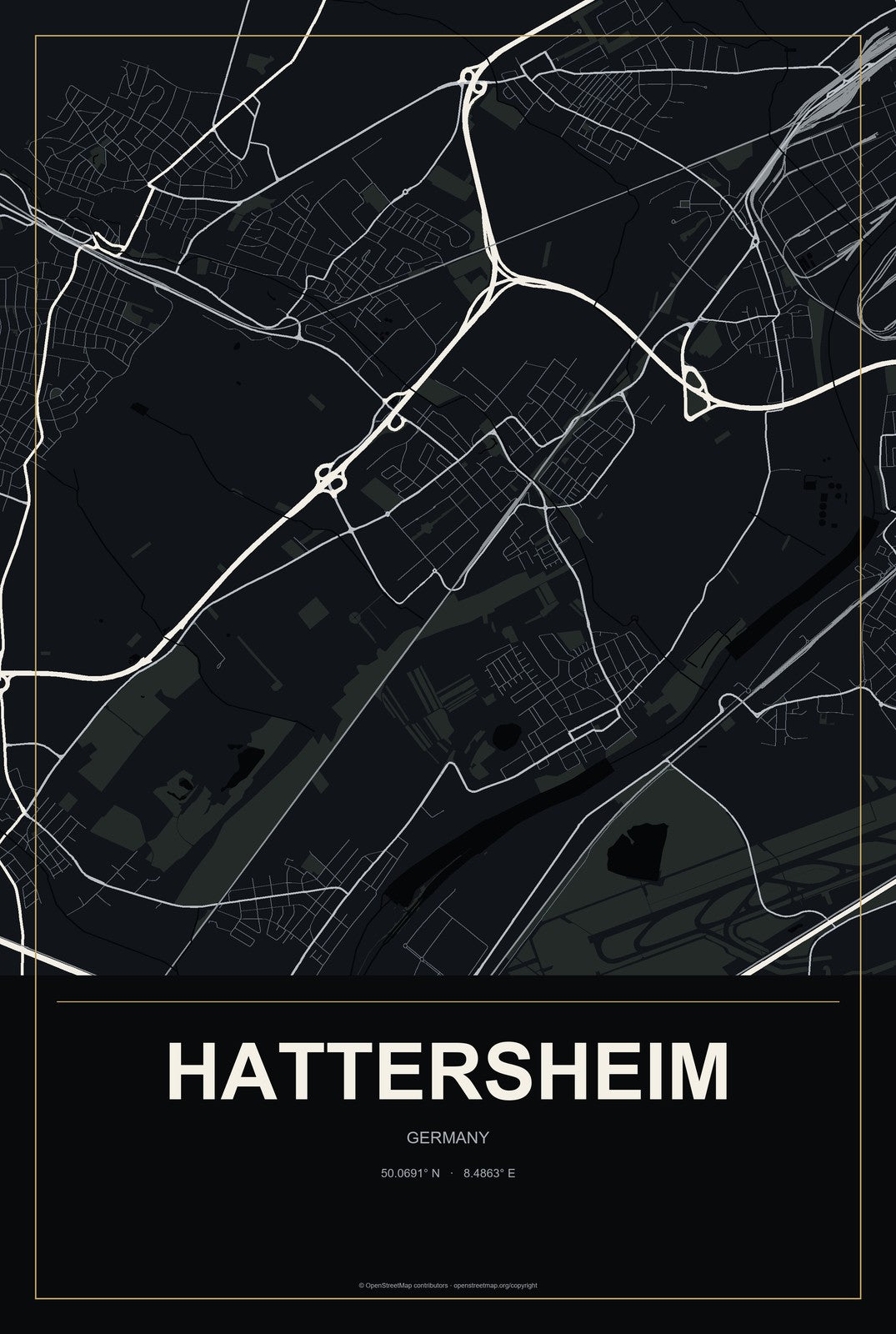 Hattersheim, Germany City Map Aluminum Sign in Metropolitan Noir style