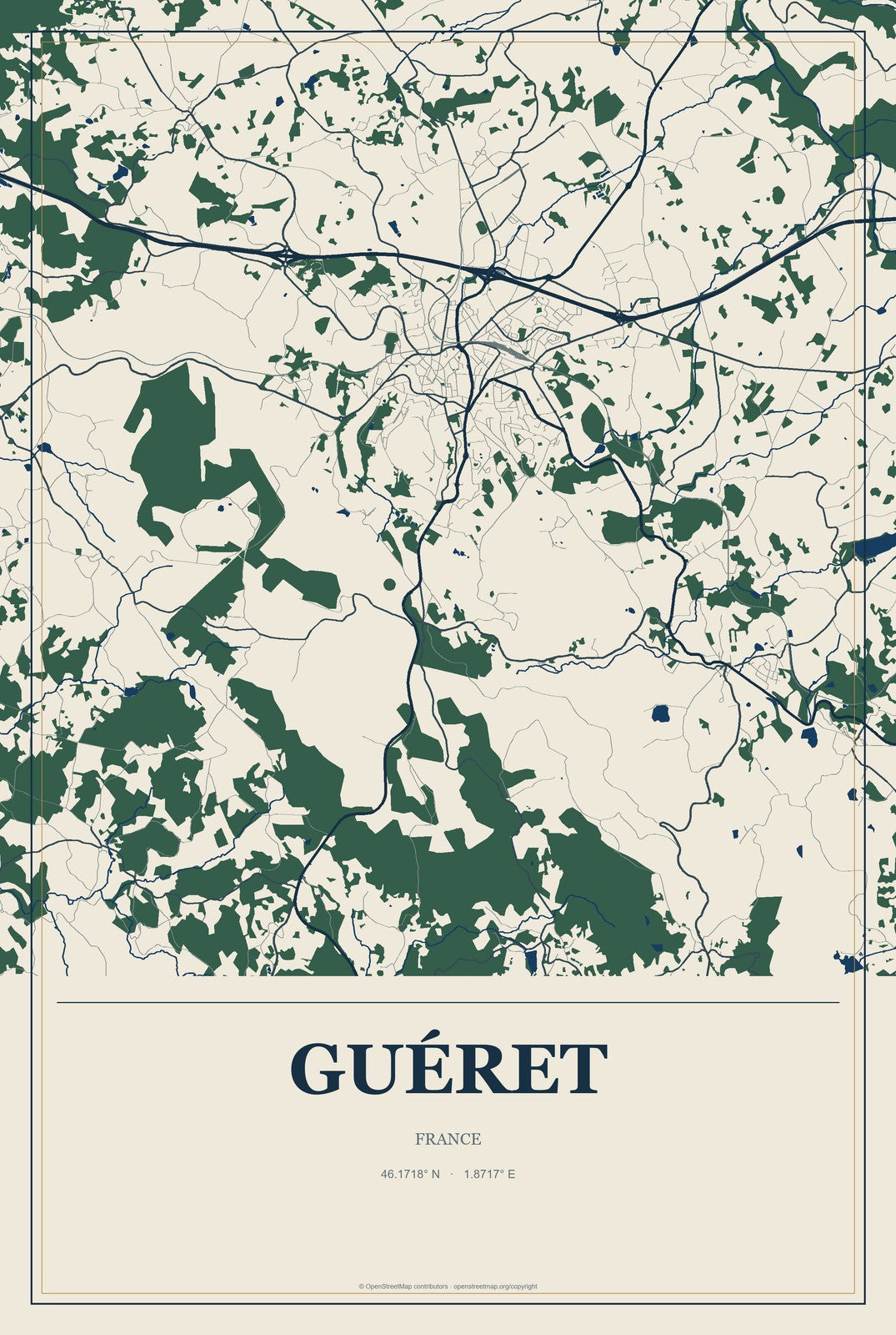 Guéret, France City Map Aluminum Sign in Coastal Cutout style