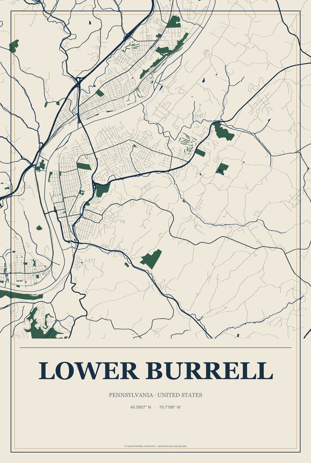 Lower Burrell, Pennsylvania City Map Aluminum Sign in Coastal Cutout style