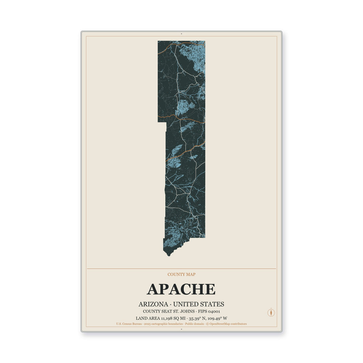 Apache County, Arizona Map Aluminum Sign in Headline Atlas style