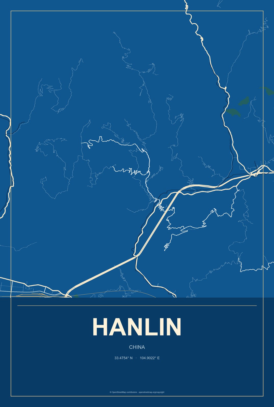 Hanlin, China City Map Aluminum Sign in Harbor Cobalt style