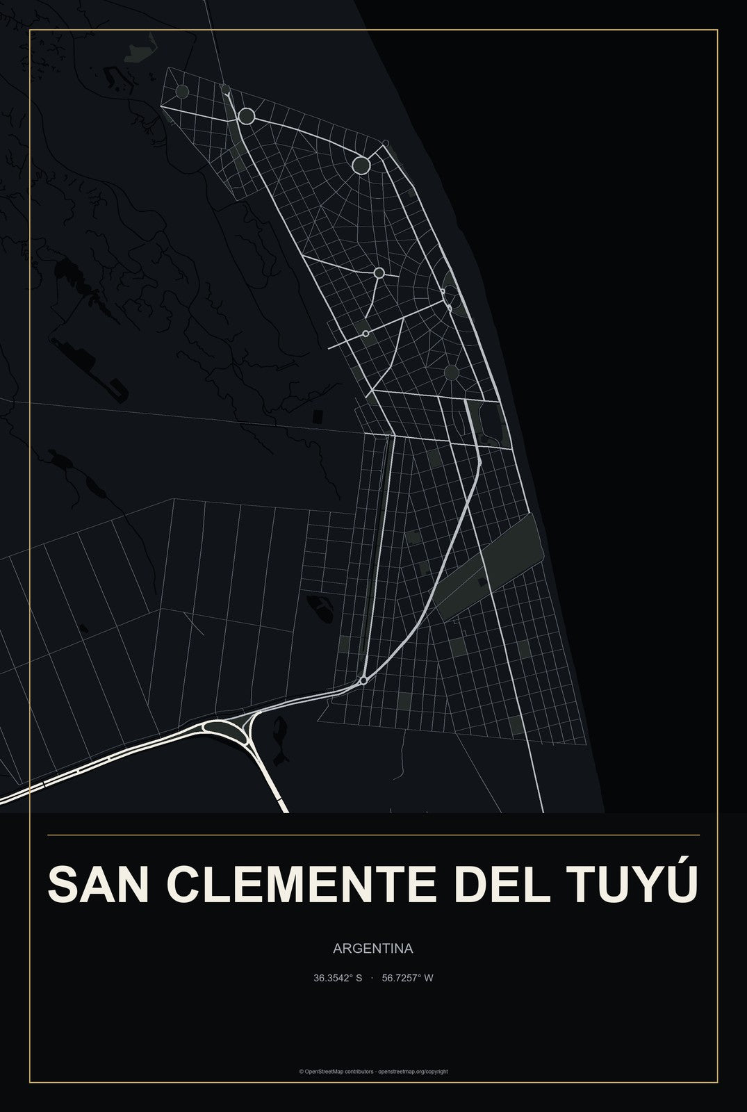 San Clemente del Tuyú, Argentina City Map Aluminum Sign in Metropolitan Noir style