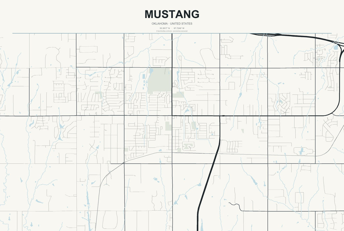 Mustang, Oklahoma City Map Aluminum Sign in Headline Atlas style