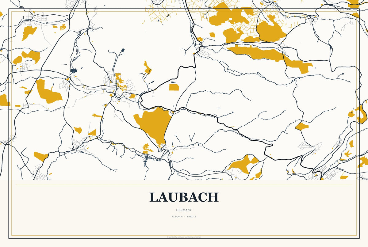 Laubach, Germany City Map Aluminum Sign in Citrine Modern style