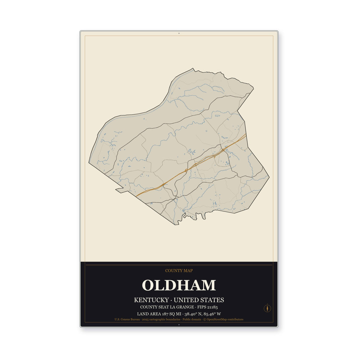 Oldham County, Kentucky Map Aluminum Sign in Museum Plaque style