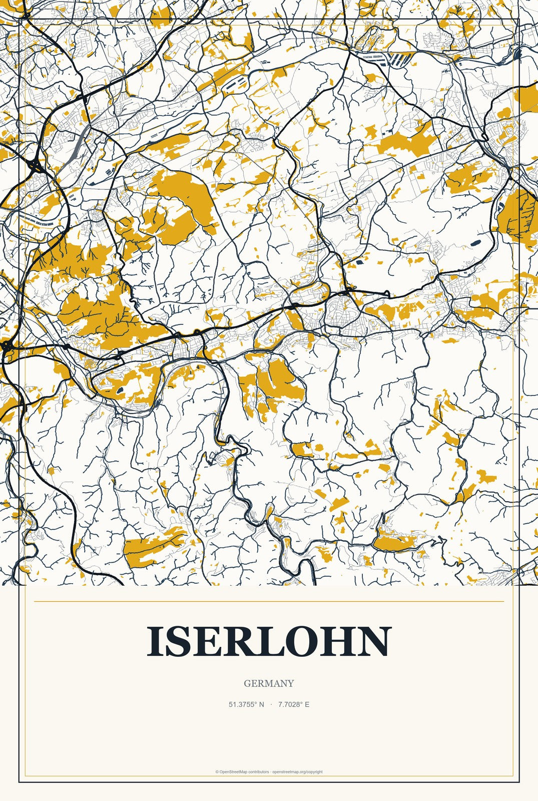 Iserlohn, Germany City Map Aluminum Sign in Citrine Modern style