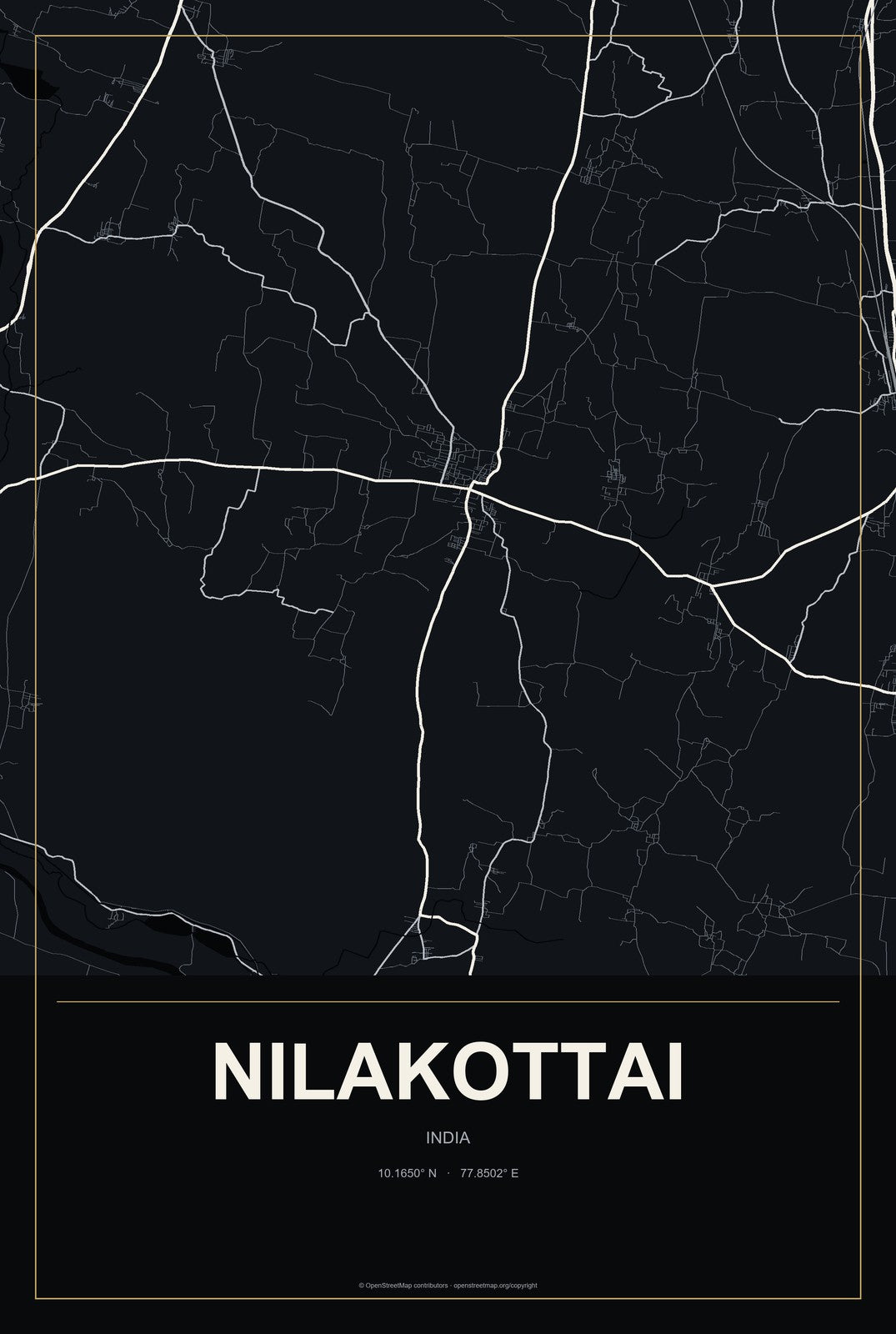 Nilakottai, India City Map Aluminum Sign in Metropolitan Noir style