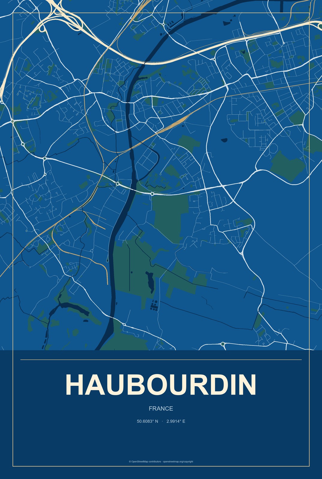 Haubourdin, France City Map Aluminum Sign in Harbor Cobalt style