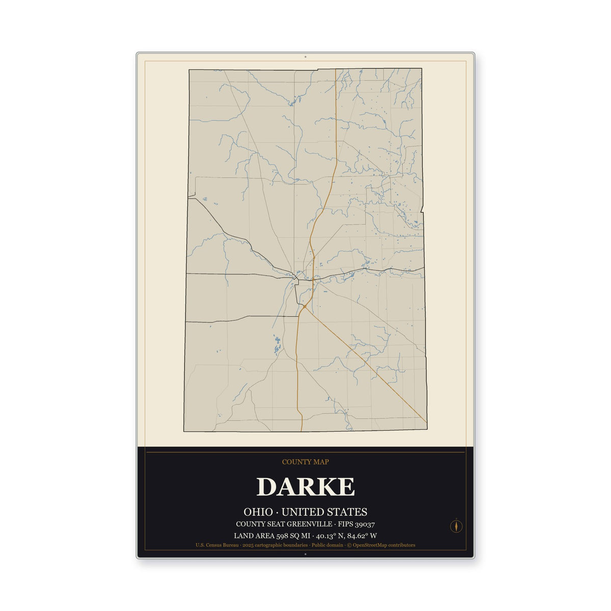 Darke County, Ohio Map Aluminum Sign in Museum Plaque style