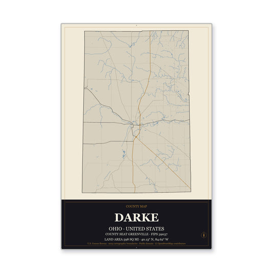 Darke County, Ohio Map Aluminum Sign in Museum Plaque style