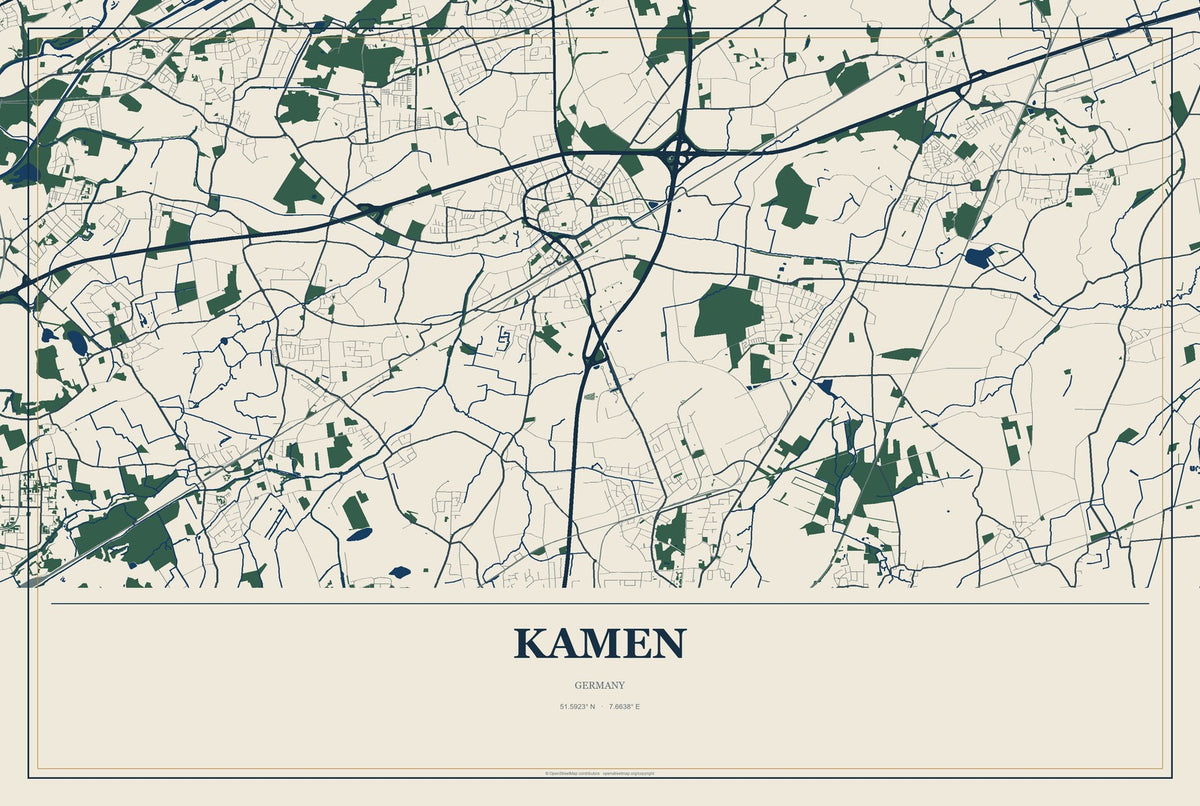 Kamen, Germany City Map Aluminum Sign in Coastal Cutout style