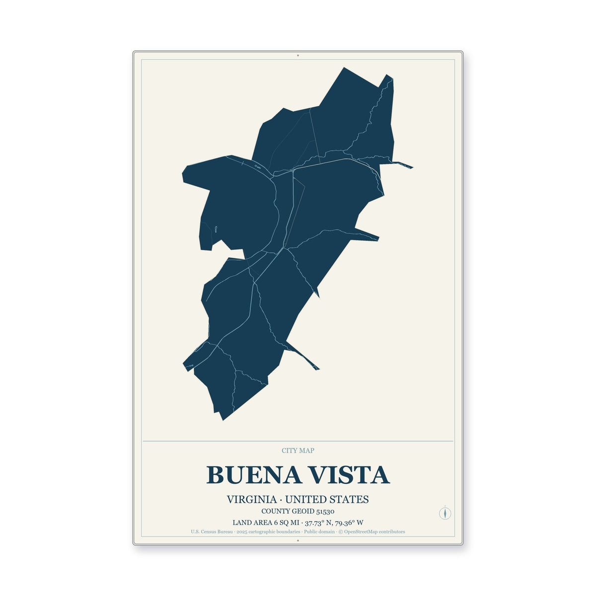 Buena Vista city, Virginia Map Aluminum Sign in Coastal Cutout style