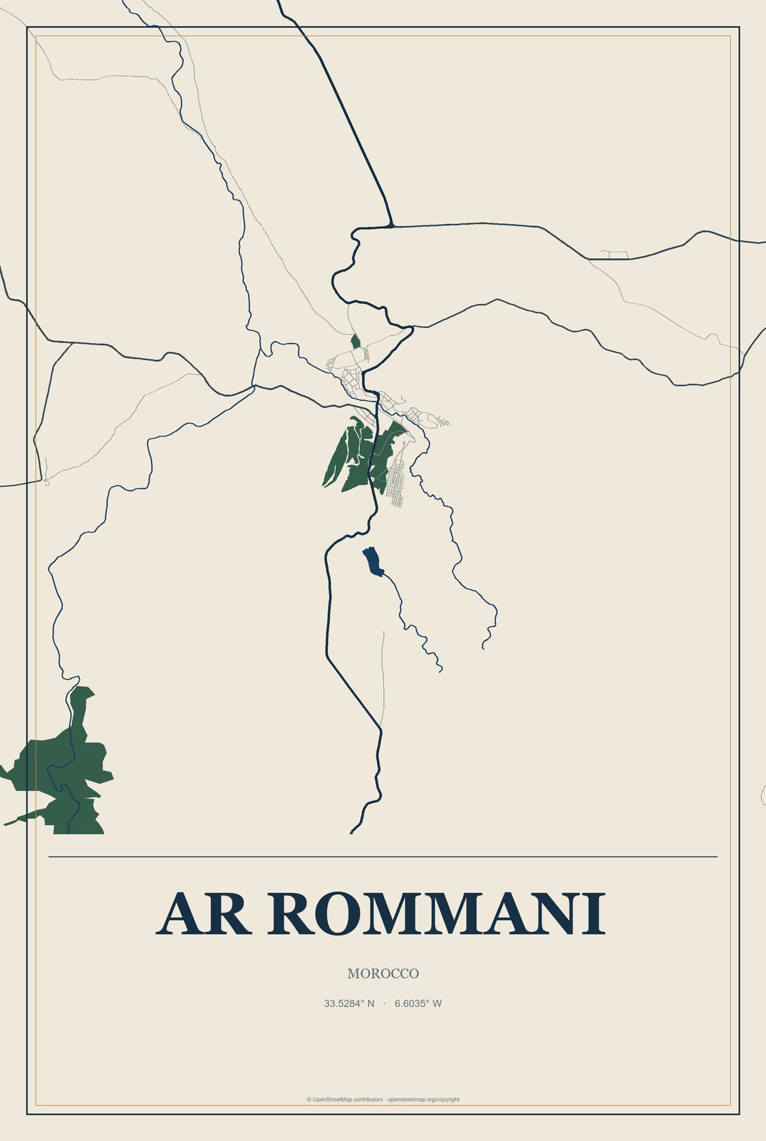 Ar Rommani, Morocco City Map Aluminum Sign in Coastal Cutout style