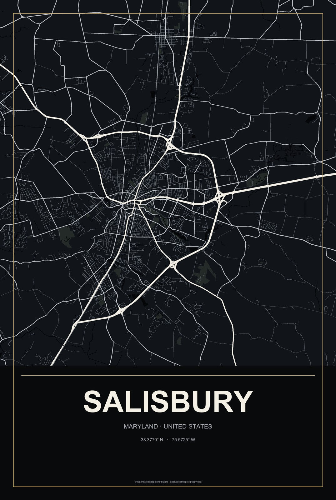 Salisbury, Maryland City Map Aluminum Sign in Metropolitan Noir style