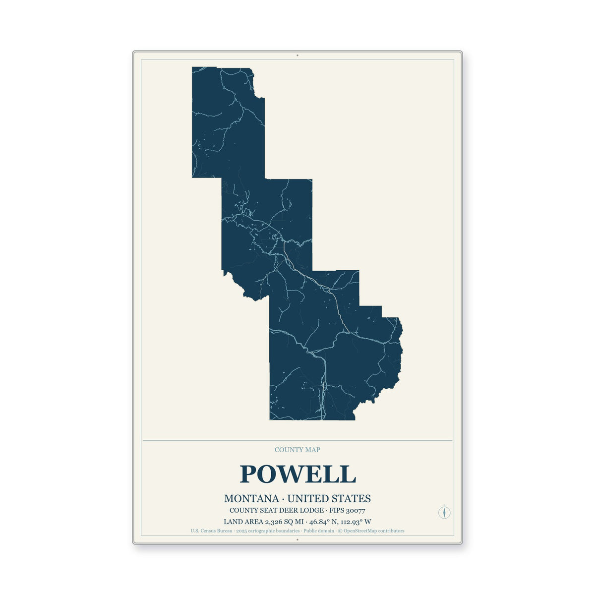 Powell County, Montana Map Aluminum Sign in Coastal Cutout style