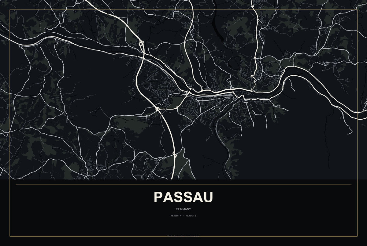 Passau, Germany City Map Aluminum Sign in Metropolitan Noir style