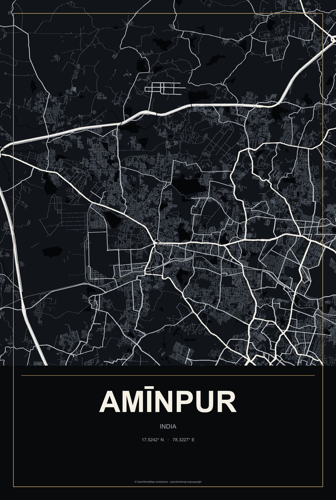 Amīnpur, India City Map Aluminum Sign in Metropolitan Noir style