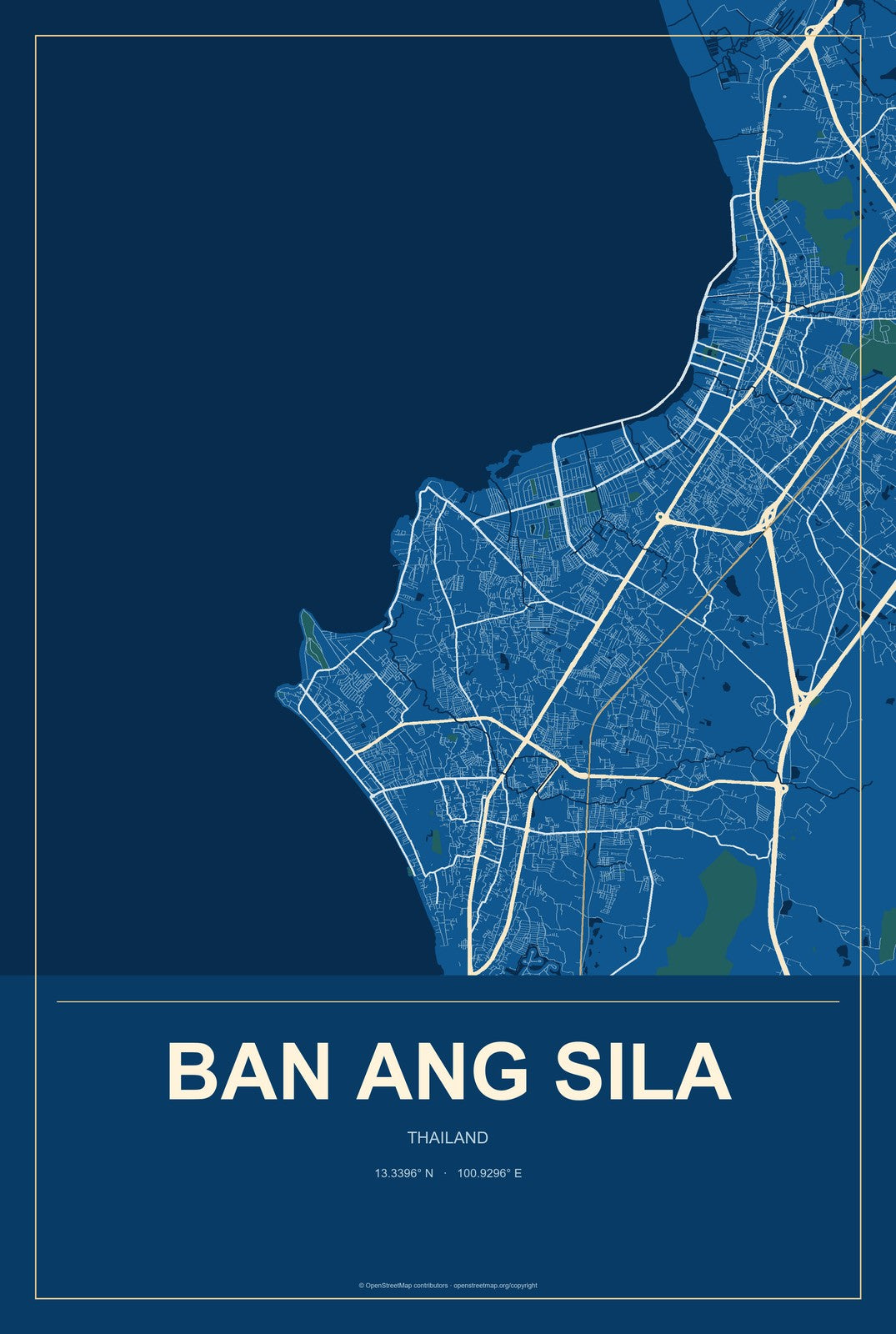 Ban Ang Sila, Thailand City Map Aluminum Sign in Harbor Cobalt style