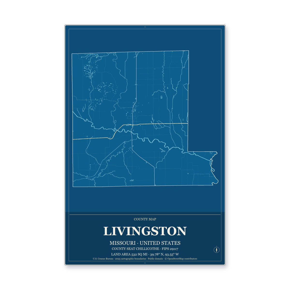 Livingston County, Missouri Map Aluminum Sign in Harbor Cobalt style