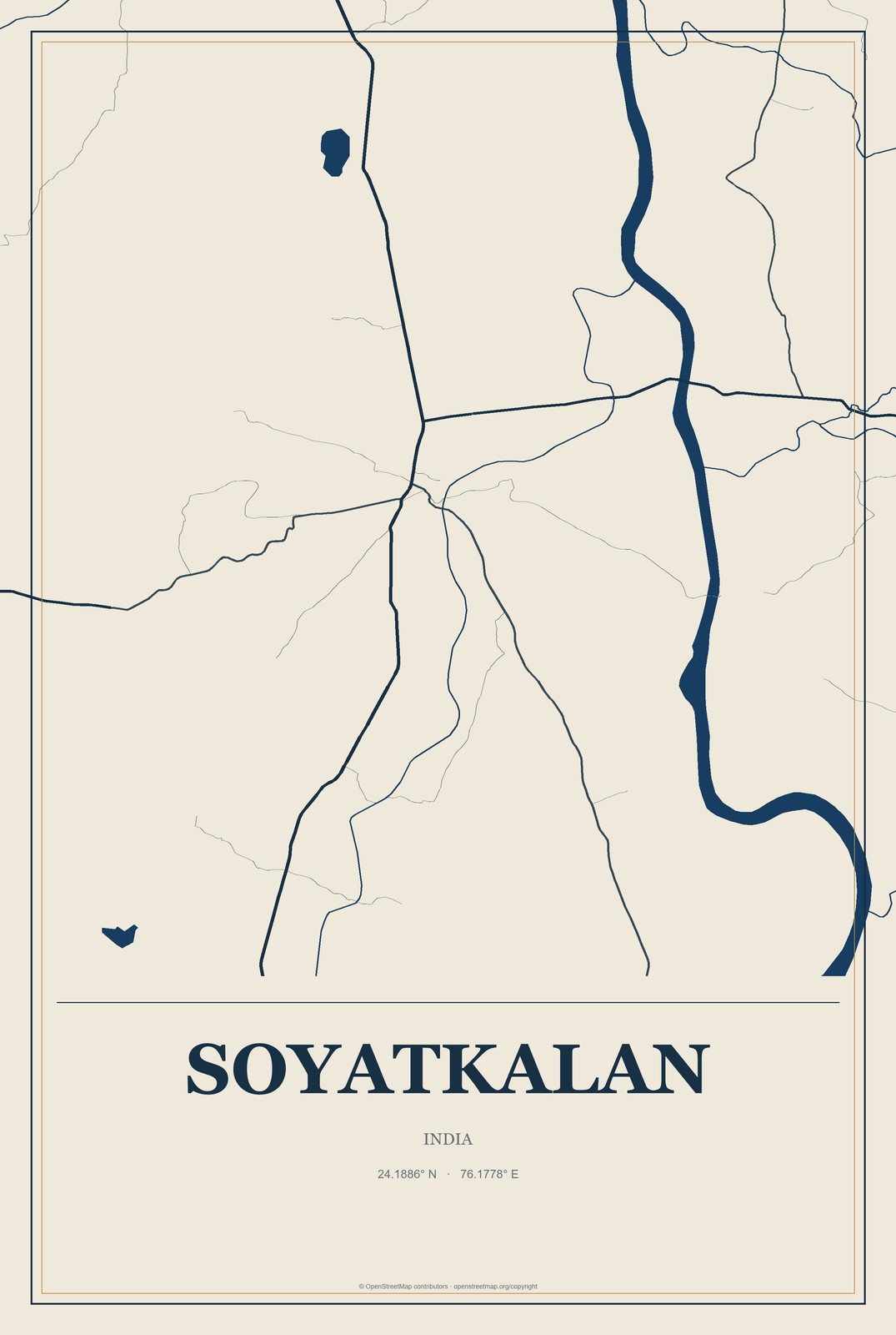 Soyatkalan, India City Map Aluminum Sign in Coastal Cutout style