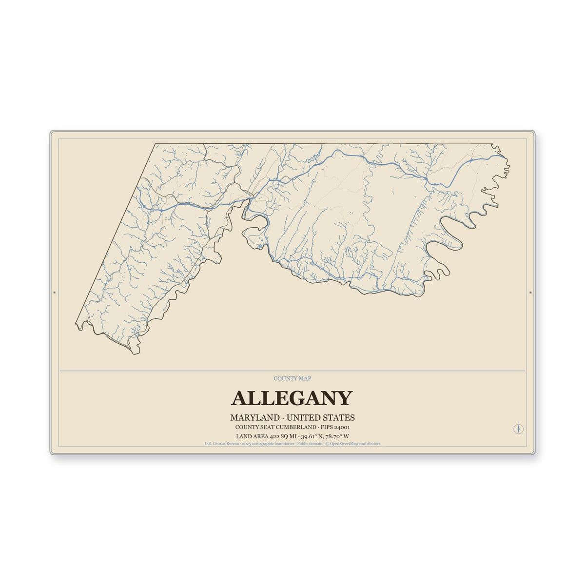 Allegany County, Maryland Map Aluminum Sign in Heritage Nautical style