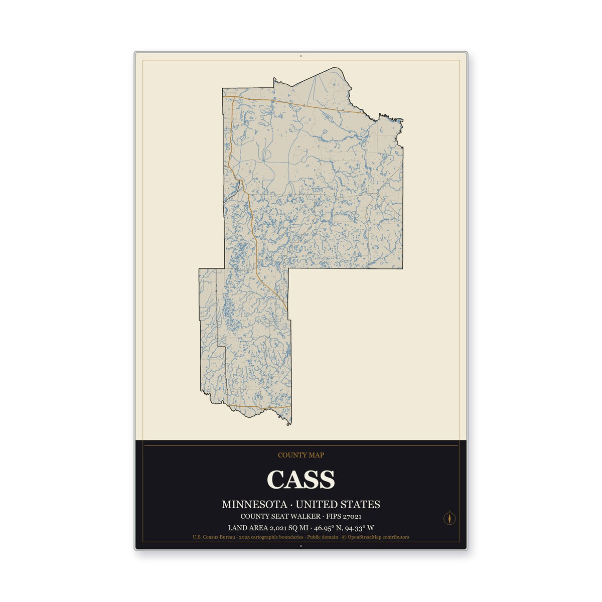 Cass County, Minnesota Map Aluminum Sign in Museum Plaque style