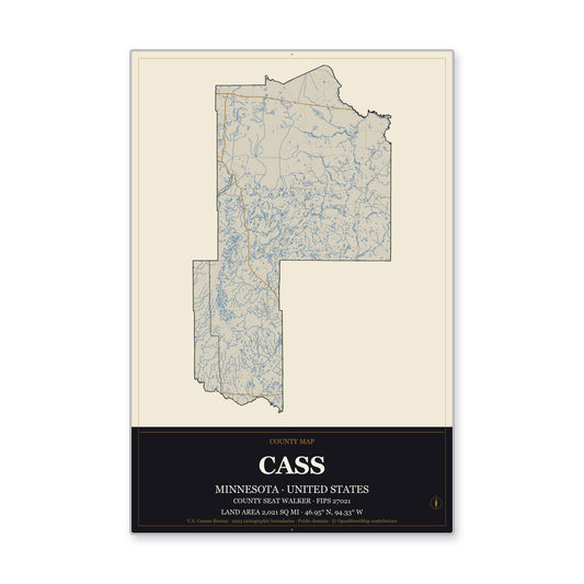 Cass County, Minnesota Map Aluminum Sign in Museum Plaque style