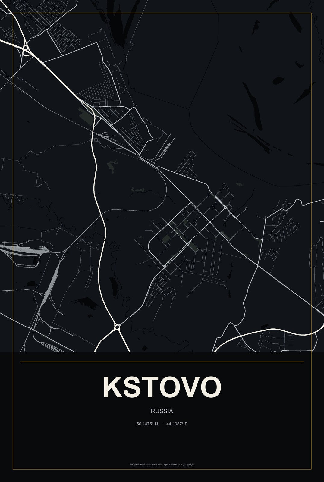 Kstovo, Russia City Map Aluminum Sign in Metropolitan Noir style