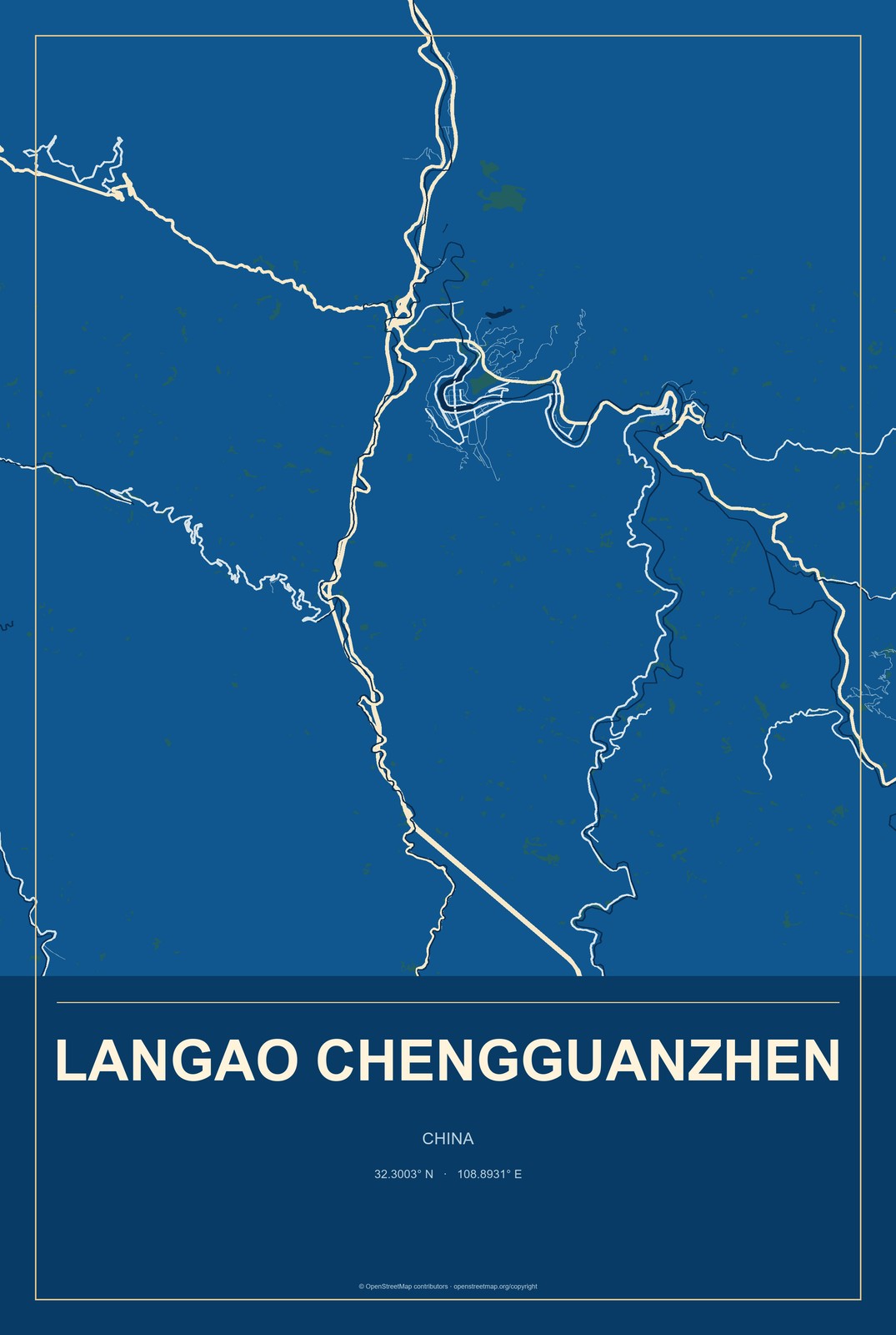 Langao Chengguanzhen, China City Map Aluminum Sign in Harbor Cobalt style